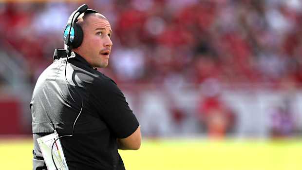 Oct 21, 2023; Fayetteville, Arkansas, USA; Mississippi State Bulldogs head coach Zach Arnett looks on during the first quarter against the Arkansas Razorbacks at Donald W. Reynolds Razorback Stadium. Mandatory Credit: Nelson Chenault-USA TODAY Sports